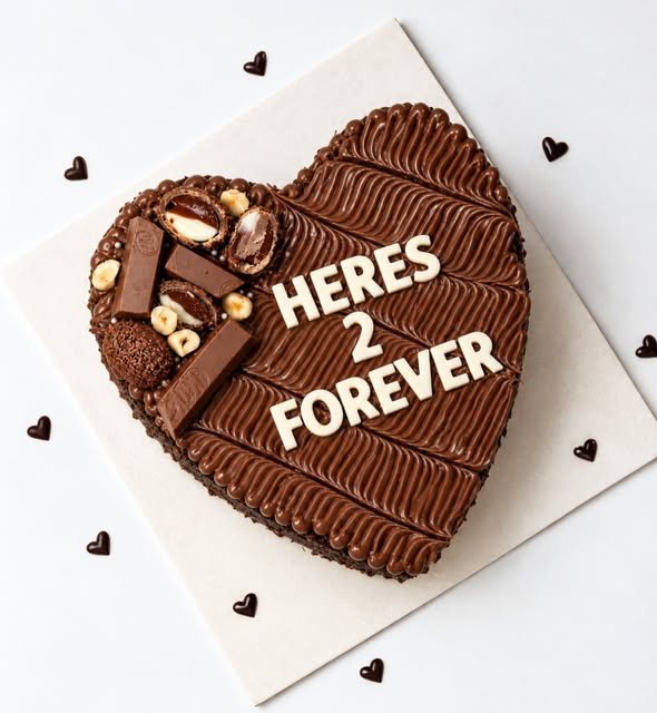 Heart brownie cake piped with Heres 2 Forever
